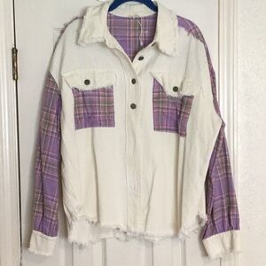 NWOT POL Cream & Purple Flannel Women’s Button Front Shacket